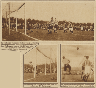 870795 Collage van 3 foto's betreffende de voetbalwedstrijd Hercules-Velox, op het sportterrein aan de ...